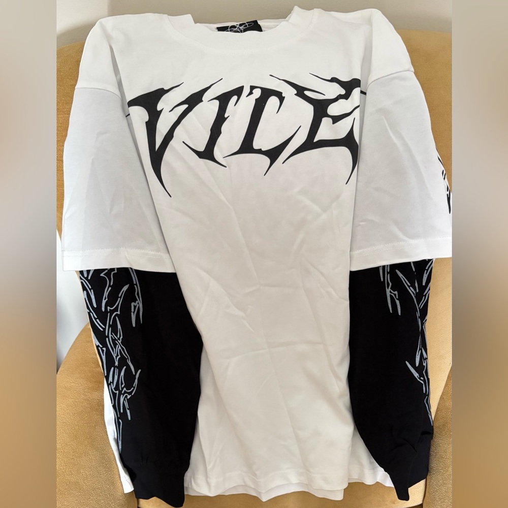 White and Black Layered Graphic Long-Sleeve Shirt